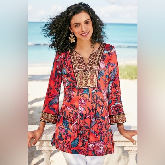 New Soft Surroundings Samara Embroidered Tunic Coverup Summer Top Sequined Large - Picture 5 of 10